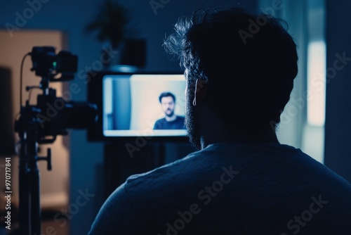 Man Asking Question While Watching Live Stream with Focus on Screen Showing Active Streamer, Capturing Viewer-Streamer Interaction and Real-Time Connection photo