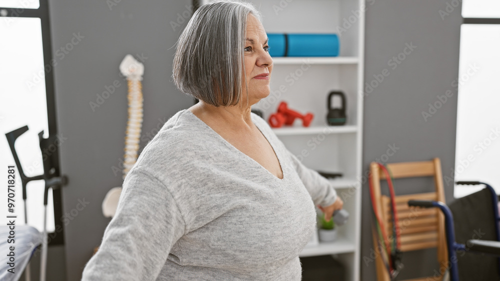 A senior woman exercises with dumbbells in a rehab clinic's indoor therapy room. A senior woman exercises with dumbbells in a rehab clinic's indoor therapy room.