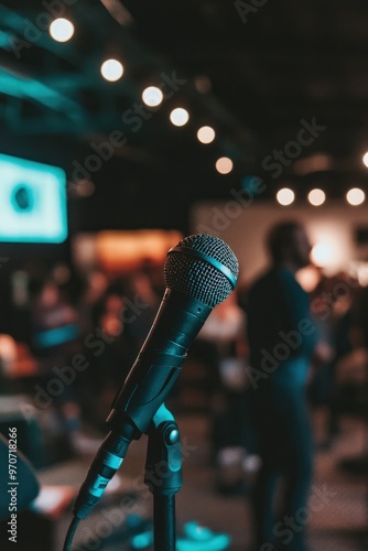 Microphone Standing at Forefront Capturing the Energy of an Enthusiastic Audience in the Background Conveying Anticipation and Excitement photo