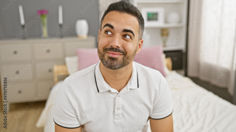 Handsome young hispanic man with a beard posing in a modern bedroom interior. Handsome young hispanic man with a beard posing in a modern bedroom interior.
