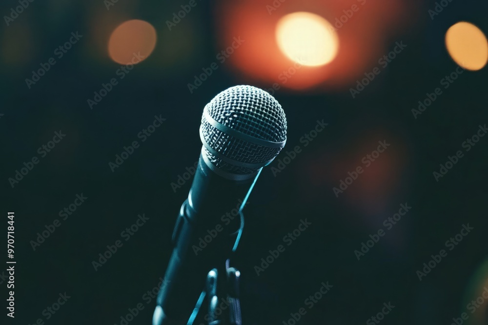 Microphone Standing at Forefront Capturing the Energy of an Enthusiastic Audience in the Background Conveying Anticipation and Excitement Microphone Standing at Forefront Capturing the Energy of an Enthusiastic Audience in the Background Conveying Anticipation and Excitement