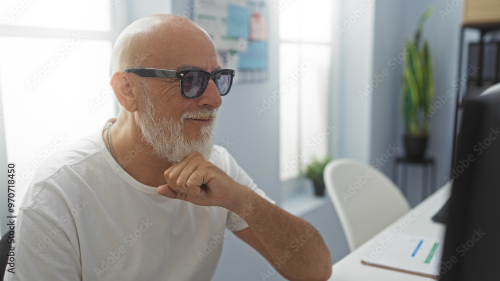 Man with a grey beard and glasses working in an indoor office, presenting a professional and focused demeanor. Man with a grey beard and glasses working in an indoor office, presenting a professional and focused demeanor.