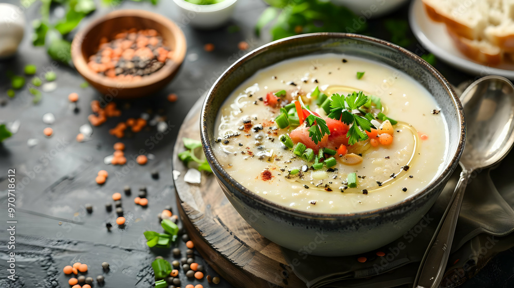 Creamy Lentil Soup Photo with Herbs, Spices, and Bread Creamy Lentil Soup Photo with Herbs, Spices, and Bread