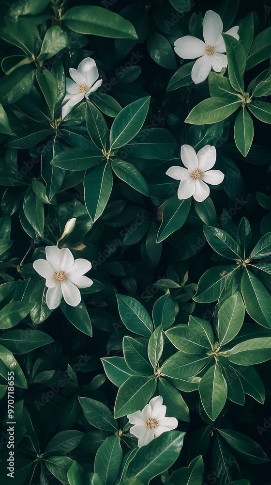 White jasmine flowers amidst lush green leaves White jasmine flowers amidst lush green leaves