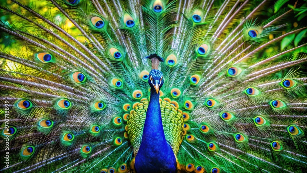 Obraz premium Vibrant, electric blue hues dance across the iridescent feathers of a magnificent, protected peacock spreading its stunning plumage in a lush, tropical rainforest.