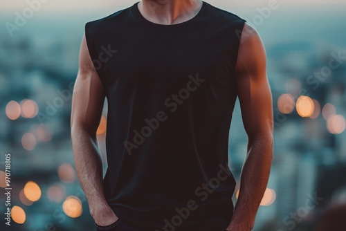 Mockup of Man Wearing Black Sleeveless Shirt with Sleek Modern Design Against Bokeh City Background in Daylight Highlighting Fabric Quality and Urban Vibrancy photo