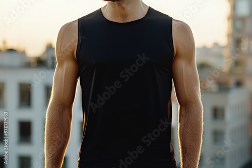 Mockup of Man Wearing Black Sleeveless Shirt with Sleek Modern Design Against Bokeh City Background in Daylight Highlighting Fabric Quality and Urban Vibrancy photo