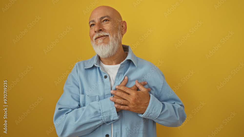 Senior man with grey hair and beard standing against a yellow background, hands over his chest, wearing a light blue shirt, looking thoughtful and content Senior man with grey hair and beard standing against a yellow background, hands over his chest, wearing a light blue shirt, looking thoughtful and content