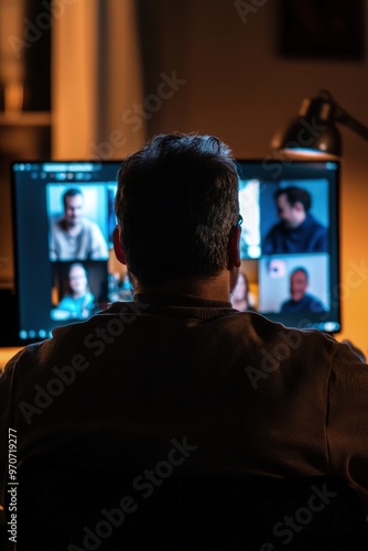 Man’s Back Sitting in Front of Computer During Video Conference with Friends at Home Illuminated by Low Light Capturing Sharp Faces on Screen in Rich Detail