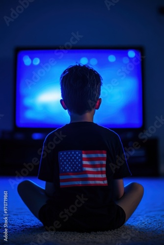 Rear View of Boy Sitting Cross-Legged Wearing Black Crew-Neck T-Shirt with U.S. Flag Design Staring at a TV Emitting Blue Glow in Dimly Lit Room photo