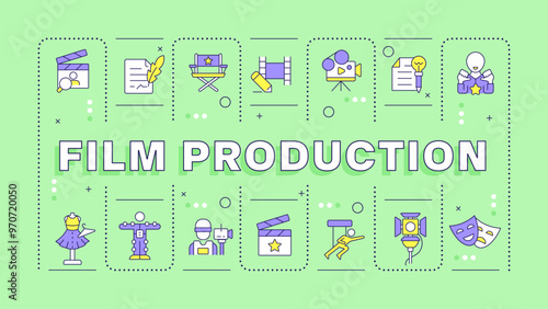 Film production green word concept. Movie making, filming. Screenwriting, screenplay. Typography banner. Vector illustration with title text, editable icons color. Hubot Sans font used