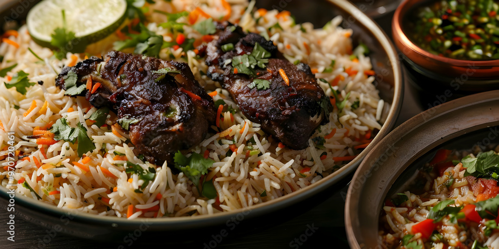 Grilled Meat, Basmati Rice, Vegetables, and Herbs Photo Grilled Meat, Basmati Rice, Vegetables, and Herbs Photo