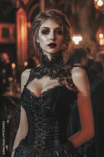 Slender and Sexy Woman in Creative Gothic Costume at a Gothic-Themed Halloween Party Featuring Dark Luxurious Fabrics, Lace, Velvet, Leather, Bold Makeup, and Mysterious Atmosphere photo