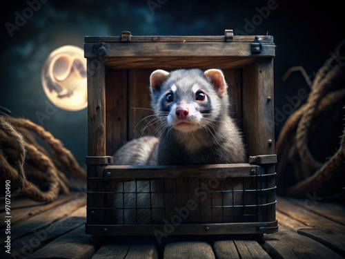 Mysterious moonlit scene, ferret's eyes glowing in darkness, old wooden cage, eerie shadows, high contrast, drama-filled atmosphere. photo