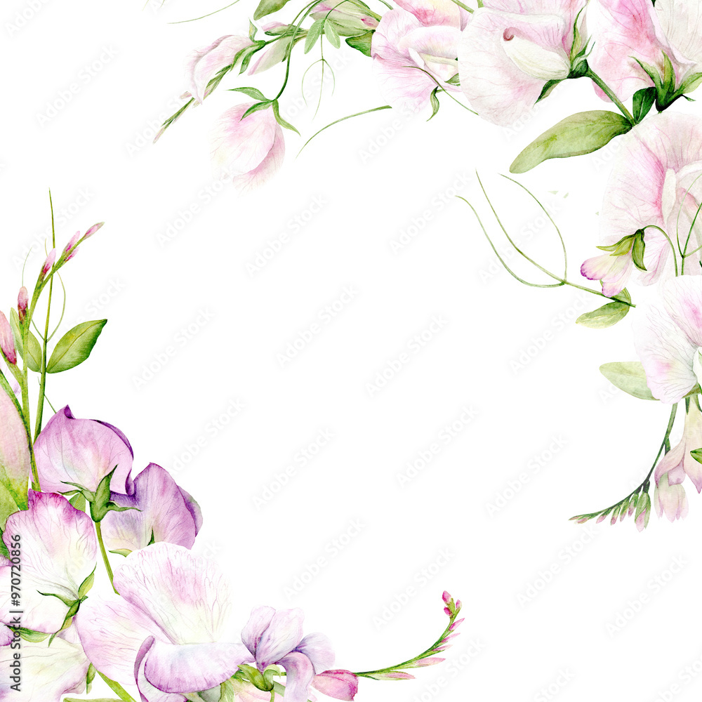Fragrant Pea. Frame of Watercolor Flowers of Sweet Peas and Butterflies on a white background. The illustration is hand drawn on a white background. Suitable for card designs, textiles Fragrant Pea. Frame of Watercolor Flowers of Sweet Peas and Butterflies on a white background. The illustration is hand drawn on a white background. Suitable for card designs, textiles