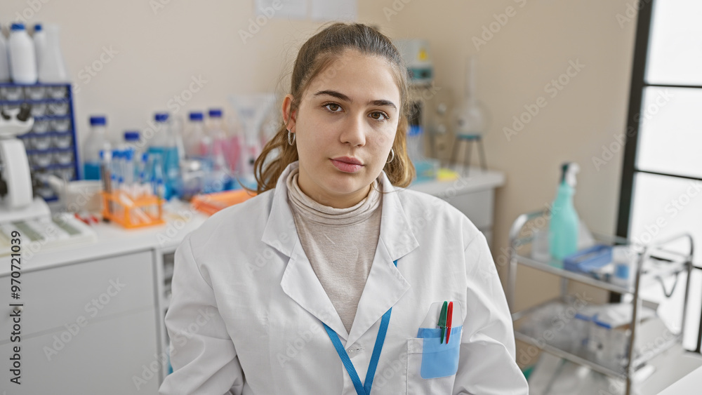 A confident young hispanic woman in a lab coat stands in a laboratory, portraying professionalism and focus. A confident young hispanic woman in a lab coat stands in a laboratory, portraying professionalism and focus.