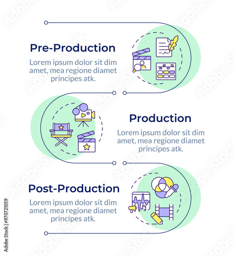 Film production phase infographic vertical sequence. Cinematography, directing. Visualization infochart with 3 steps. Circles workflow. Montserrat SemiBold, Lato Regular fonts used