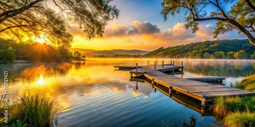 Wallpaper Mural lakeway sunset dreaminess tranquil lakeside vistas warm golden hour soft focus rustic wooden docks subtle misty atmosphere serene hill country landscapes Torontodigital.ca