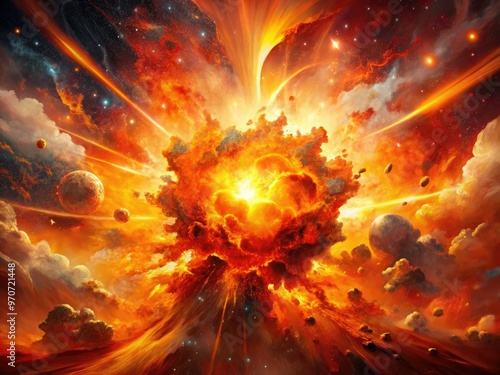 dramatic apocalyptic cosmic explosion vibrant orange red hues destruction chaos abstract expressionist digital brushstrokes dynamic high-energy intense sci-fi action hero fantasy art photo