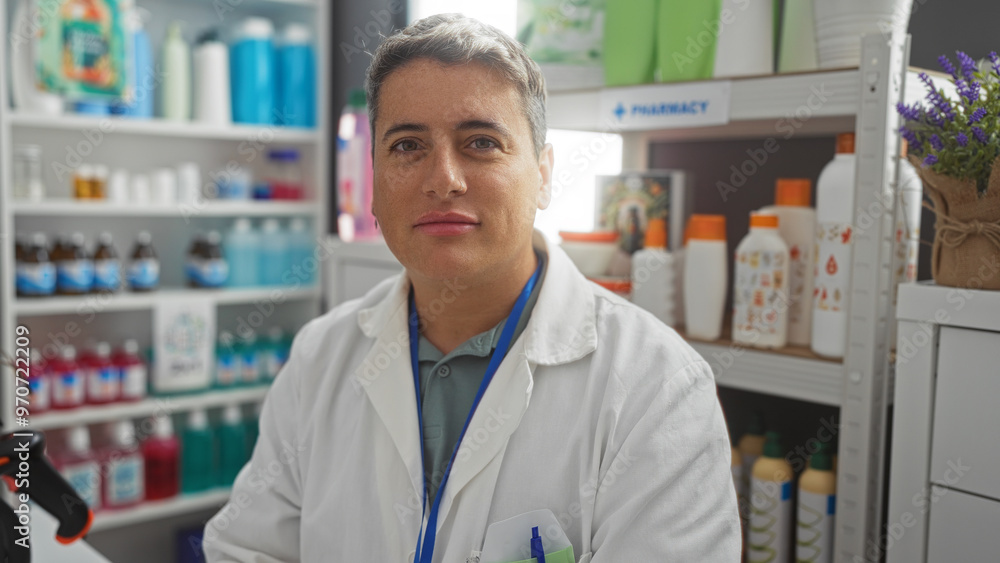 Young, handsome, caucasian, man in a white coat at a pharmacy interior showcasing various health products on shelves. Young, handsome, caucasian, man in a white coat at a pharmacy interior showcasing various health products on shelves.