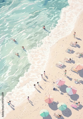 Axonometric pixel art scene of a lively beach with lofi aesthetic, colorful umbrellas, people relaxing, swimmers in ocean, soft, muted colors