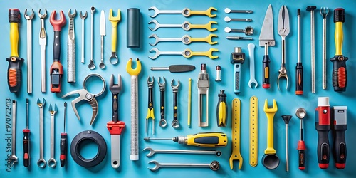 a neatly arranged collection of various tools on blue background photo