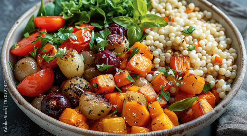 Wholesome lunch with roasted vegetables and a protein-rich grain. Generative AI.