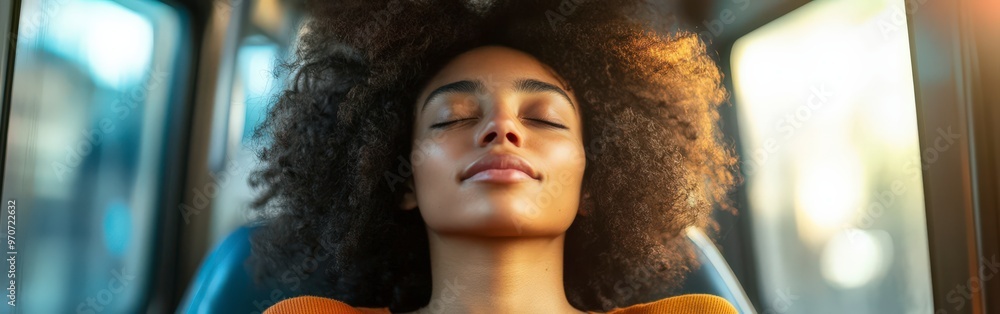 Woman Relaxing with Eyes Closed in a Subway Train Woman Relaxing with Eyes Closed in a Subway Train