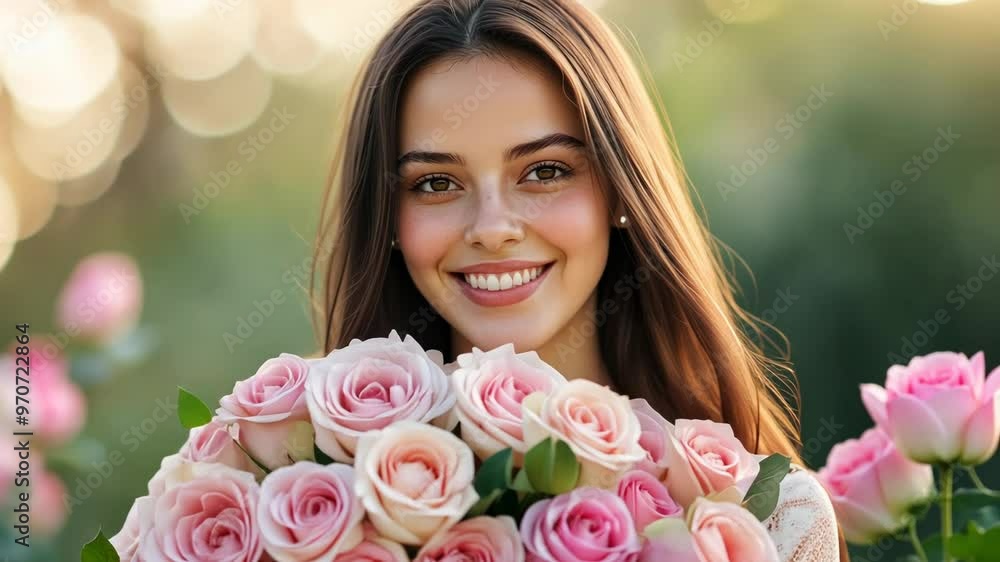 A young Caucasian woman with long brown hair holding a bouquet of pink roses, perfect for Valentine's Day or Mother's Day celebrations A young Caucasian woman with long brown hair holding a bouquet of pink roses, perfect for Valentine's Day or Mother's Day celebrations