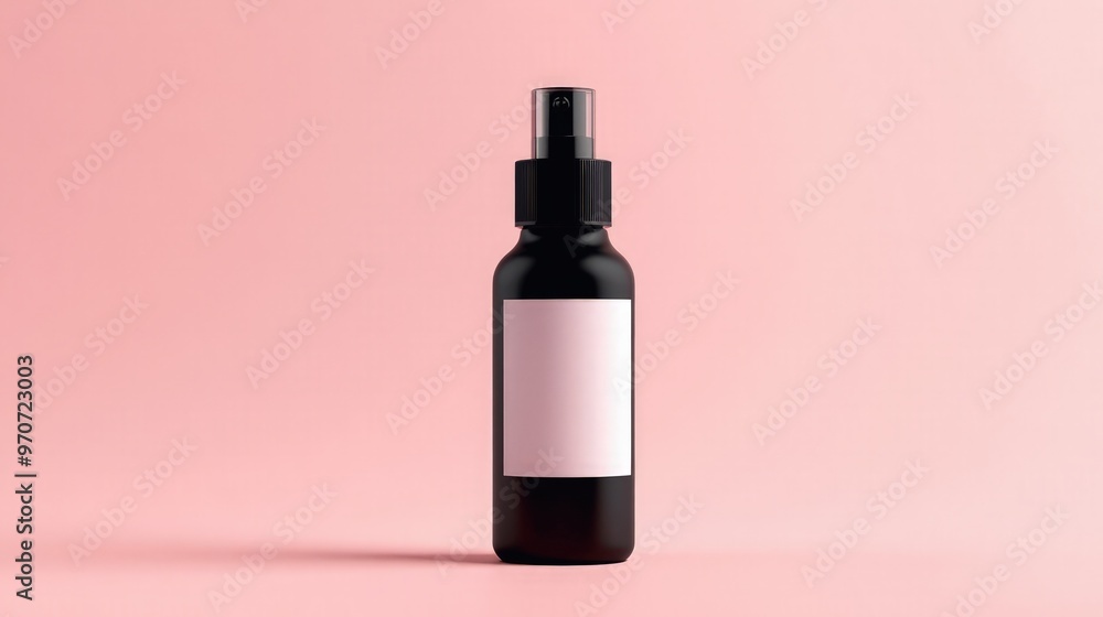 Organic hair mist shampoo in black bottle with white label, pink background, pump cap, highlighting convenience and sleek design, elegant simplicity Organic hair mist shampoo in black bottle with white label, pink background, pump cap, highlighting convenience and sleek design, elegant simplicity