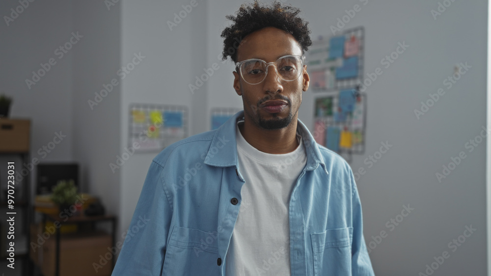 Handsome young african american man with a beard and glasses in an office room, wearing a casual blue shirt, looking at the camera with a serious expression. Handsome young african american man with a beard and glasses in an office room, wearing a casual blue shirt, looking at the camera with a serious expression.