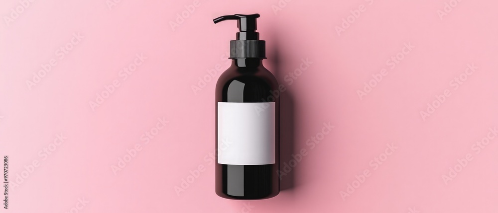 Organic hair mist shampoo in black bottle with white label, pink background, pump cap, highlighting convenience and sleek design, elegant simplicity Organic hair mist shampoo in black bottle with white label, pink background, pump cap, highlighting convenience and sleek design, elegant simplicity