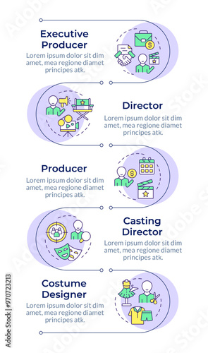 Film production crew infographic vertical sequence. Television entertainment, media production. Visualization infochart with 5 steps. Circles workflow. Montserrat SemiBold, Lato Regular fonts used