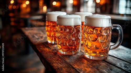 Refreshing craft beers served in traditional glass mugs at a rustic bar