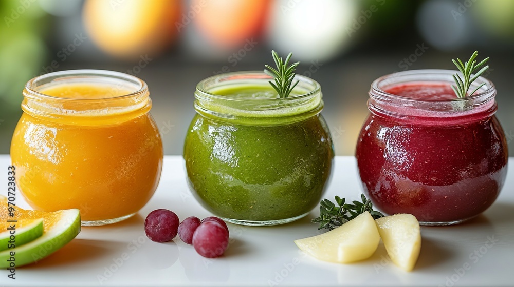 Bright colorful set of healthy 3 baby food jars in various flavors with fresh ingredients for babies new beautiful stock image illustration AI Bright colorful set of healthy 3 baby food jars in various flavors with fresh ingredients for babies new beautiful stock image illustration AI