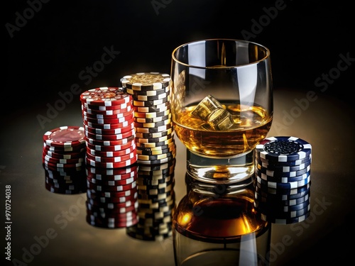 minimalist luxurious black background gold accents high-stakes poker game over casino chips scattered cards empty whiskey glasses broken dreams photo