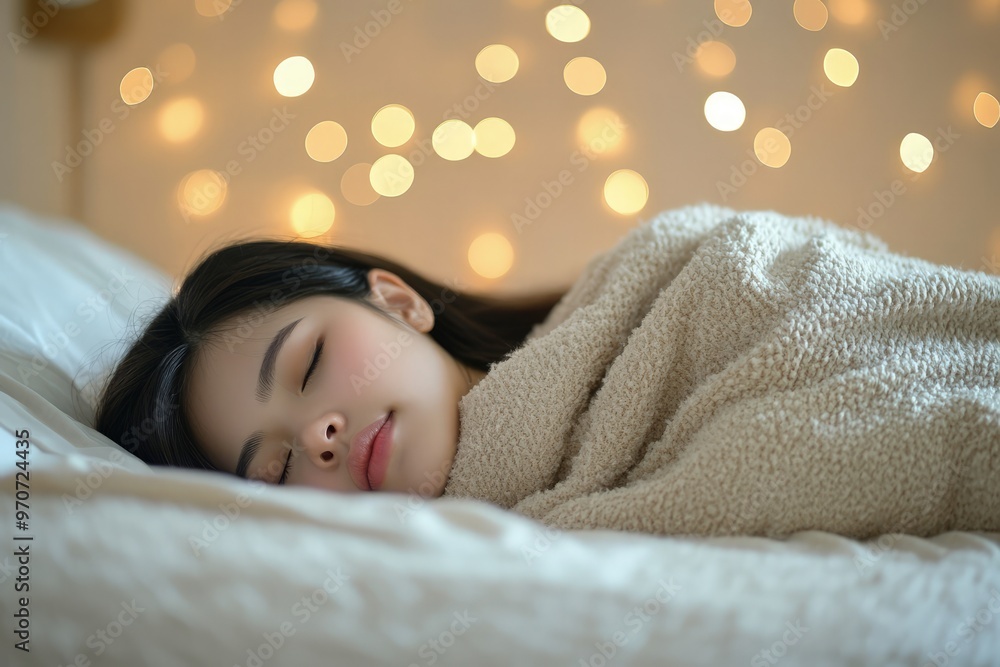 Close-up top-side view of Asian woman sleeping peacefully with blanket covering her, soft bokeh background, serene and tranquil moment Close-up top-side view of Asian woman sleeping peacefully with blanket covering her, soft bokeh background, serene and tranquil moment