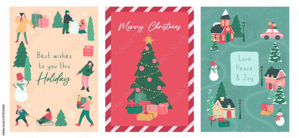 Collection of Winter Christmas tree and village with people poster vector illustration Collection of Winter Christmas tree and village with people poster vector illustration