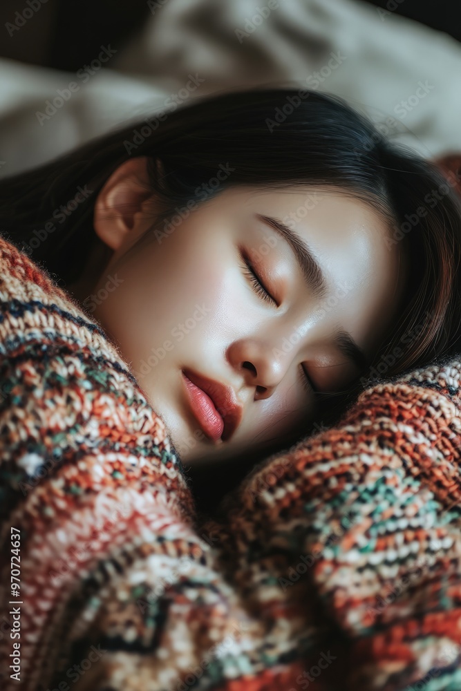Close-up top-side view of Asian woman sleeping peacefully with blanket covering her, soft bokeh background, serene and tranquil moment Close-up top-side view of Asian woman sleeping peacefully with blanket covering her, soft bokeh background, serene and tranquil moment
