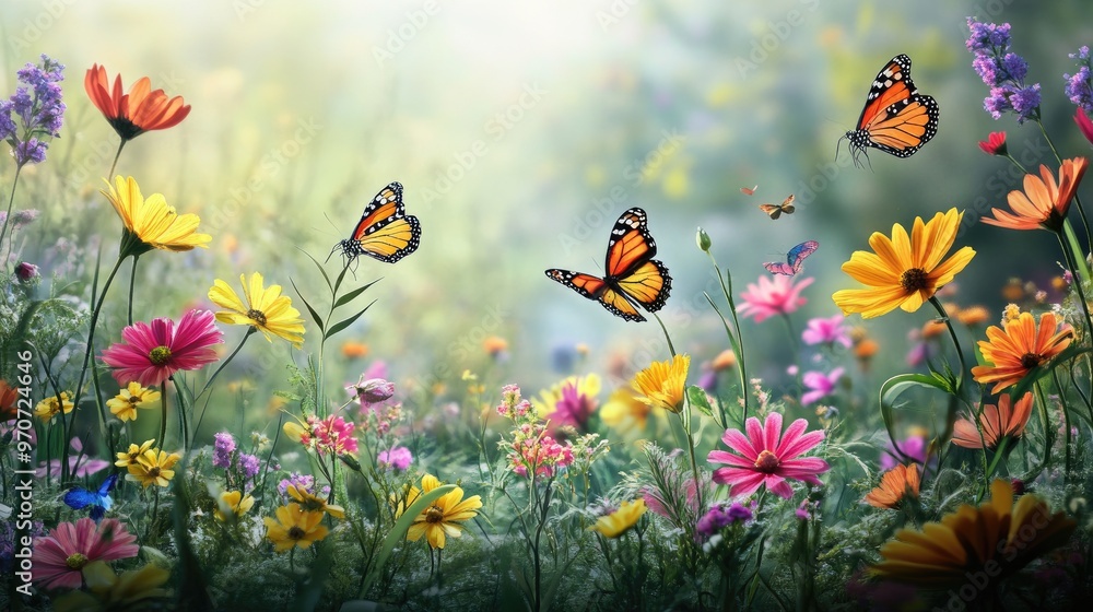 A butterfly garden in full bloom with bright flowers and fluttering butterflies, symbolizing springtime. A butterfly garden in full bloom with bright flowers and fluttering butterflies, symbolizing springtime.