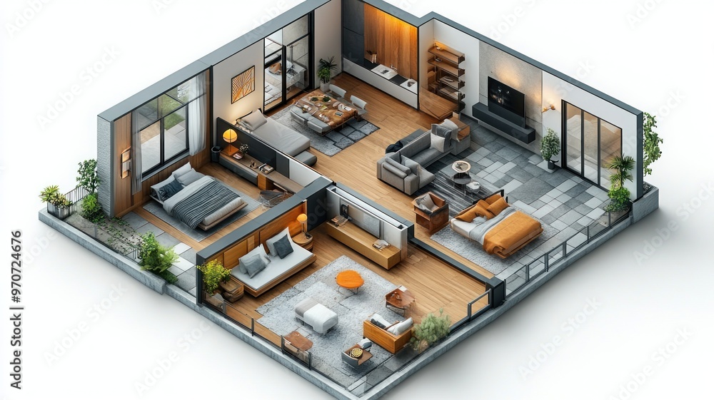 Modern isometric interior design of a stylish apartment layout. Modern isometric interior design of a stylish apartment layout.