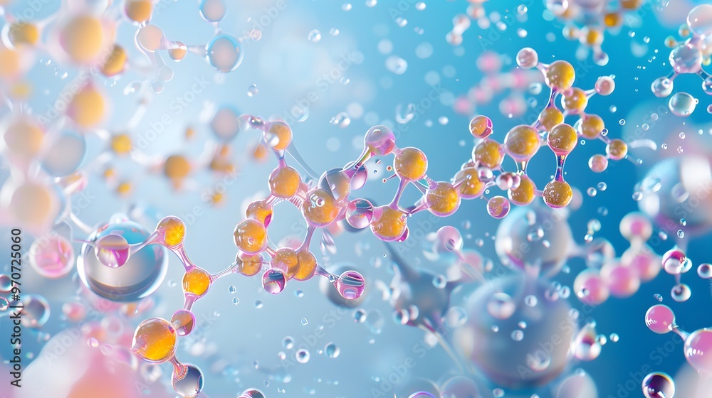 An enlarged view of a complex polymer blend, detailed molecular structure, smooth surface An enlarged view of a complex polymer blend, detailed molecular structure, smooth surface