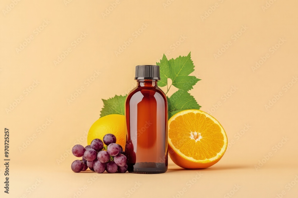 Health product bottle mockup with fresh grapes, half an orange, and two leaves on light background, vibrant, no label, realistic Health product bottle mockup with fresh grapes, half an orange, and two leaves on light background, vibrant, no label, realistic