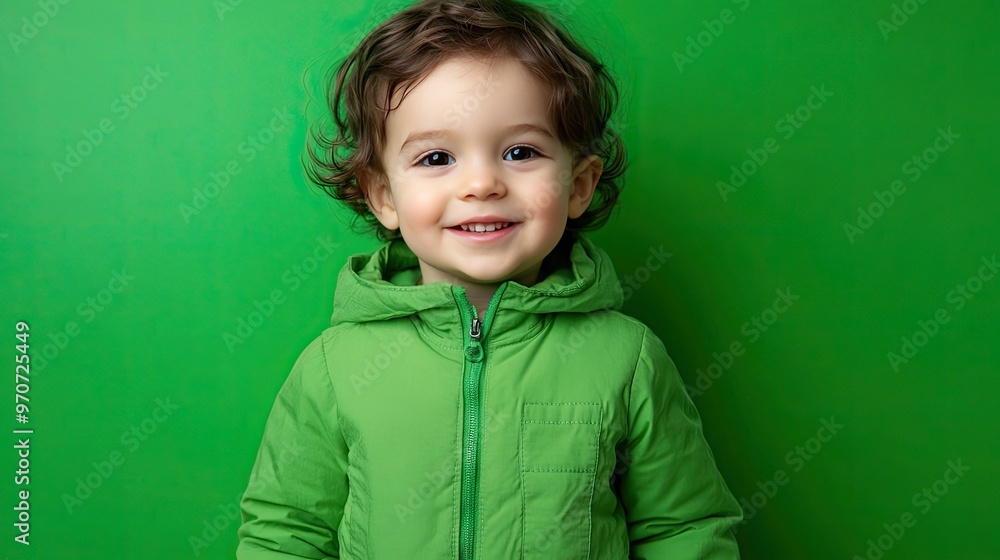A cheerful child dressed in a green jacket standing in front of a bright green backdrop, smiling confidently. A cheerful child dressed in a green jacket standing in front of a bright green backdrop, smiling confidently.