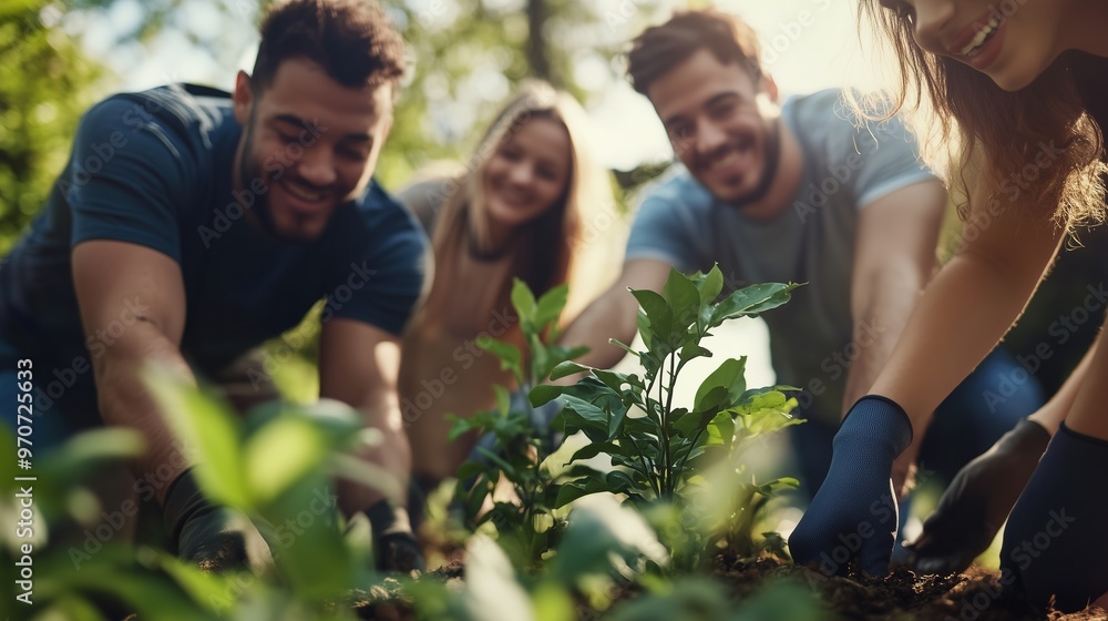 Obraz premium Neighbors joyfully planting trees in the summer sun