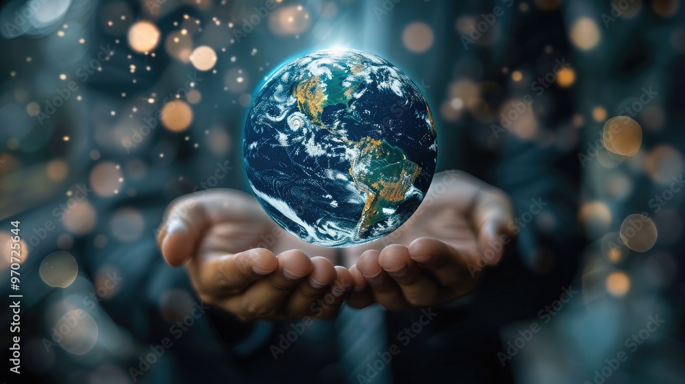 Fototapeta premium A businessman holds a digital hologram of the Earth, representing the global network and connectivity concept. This information technology is used for business intelligence or data science.