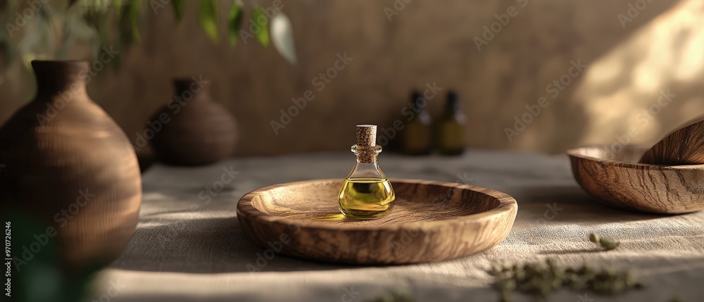 essential oil with Chinese medicine tool and wooden plate, warm scene, flat lighting, clear background essential oil with Chinese medicine tool and wooden plate, warm scene, flat lighting, clear background