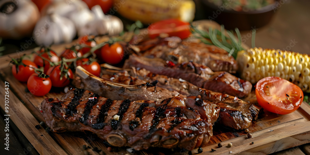 Grilled Steak Photo - Juicy Slices with Tomatoes, Corn, and Rosemary Grilled Steak Photo - Juicy Slices with Tomatoes, Corn, and Rosemary