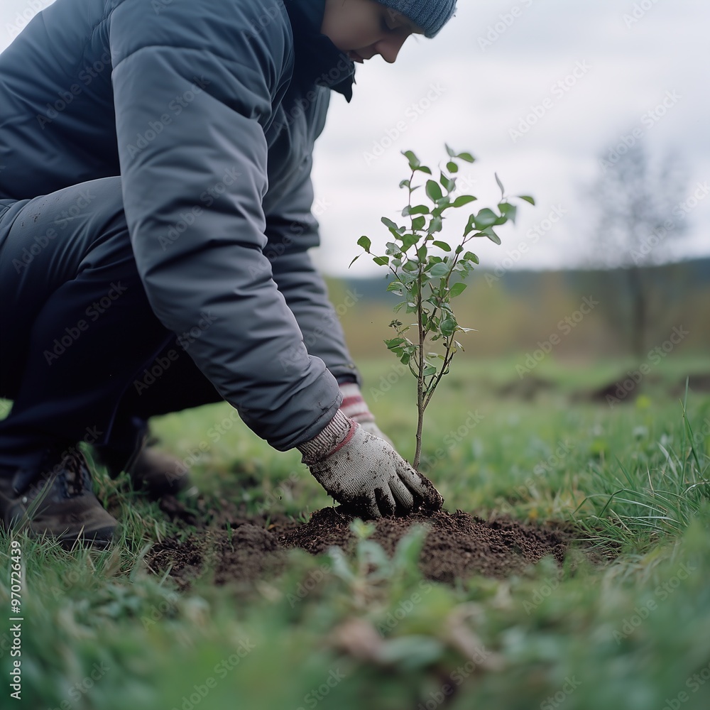Gardener plants a tree in a green landscape Gardener plants a tree in a green landscape