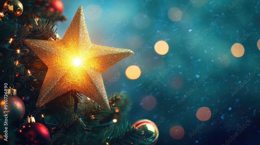 A Christmas star decoration glowing brightly on top of a tree with festive ornaments. A Christmas star decoration glowing brightly on top of a tree with festive ornaments.